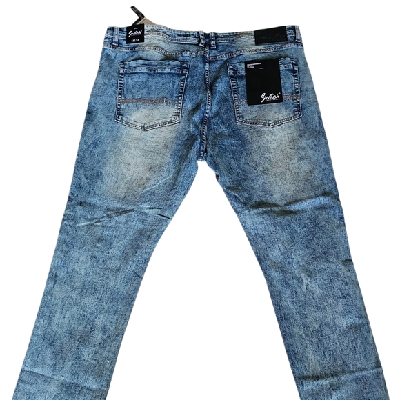 Men's Blue Slim Taper Fit Distressed Jeans with Fading - Picture 9 of 11